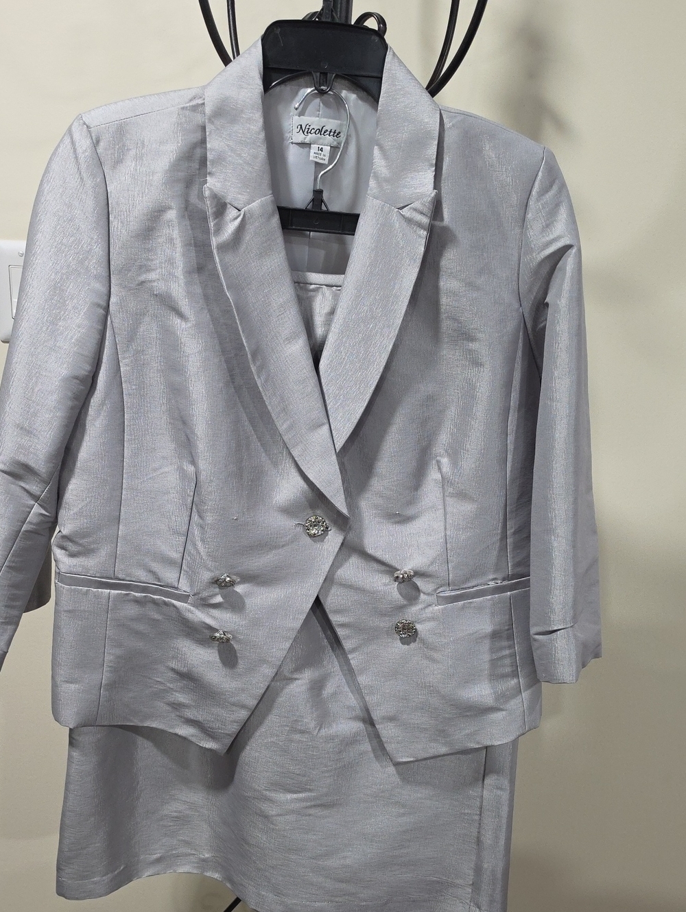 Nicolette Silver Shimmery Light Gray Women's Blazer and Skirt.